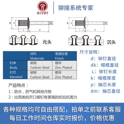 罗维特Rivet 封闭型平圆头抽芯铆钉 M6.4 30mm 全钢铁密封拉铆钉 元头封口拉钉 工厂直销 现货齐全 免费拿样图2